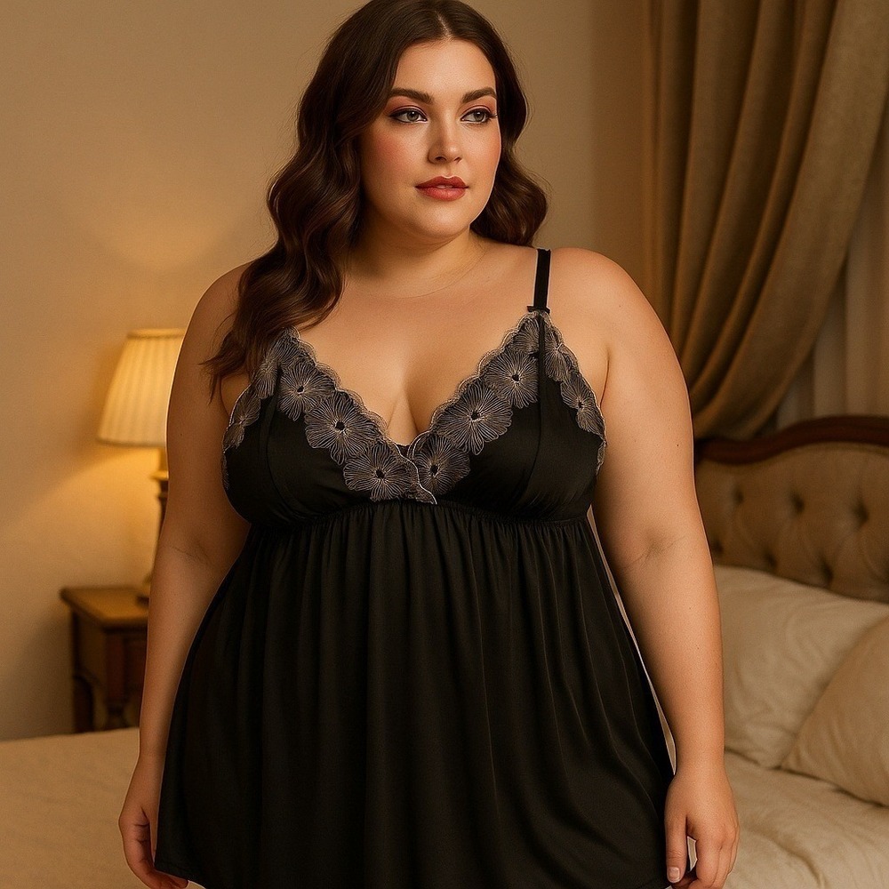 Cacique Black Lace Trim Babydoll Nightgown Dress Plus Size 22/24 Romantic